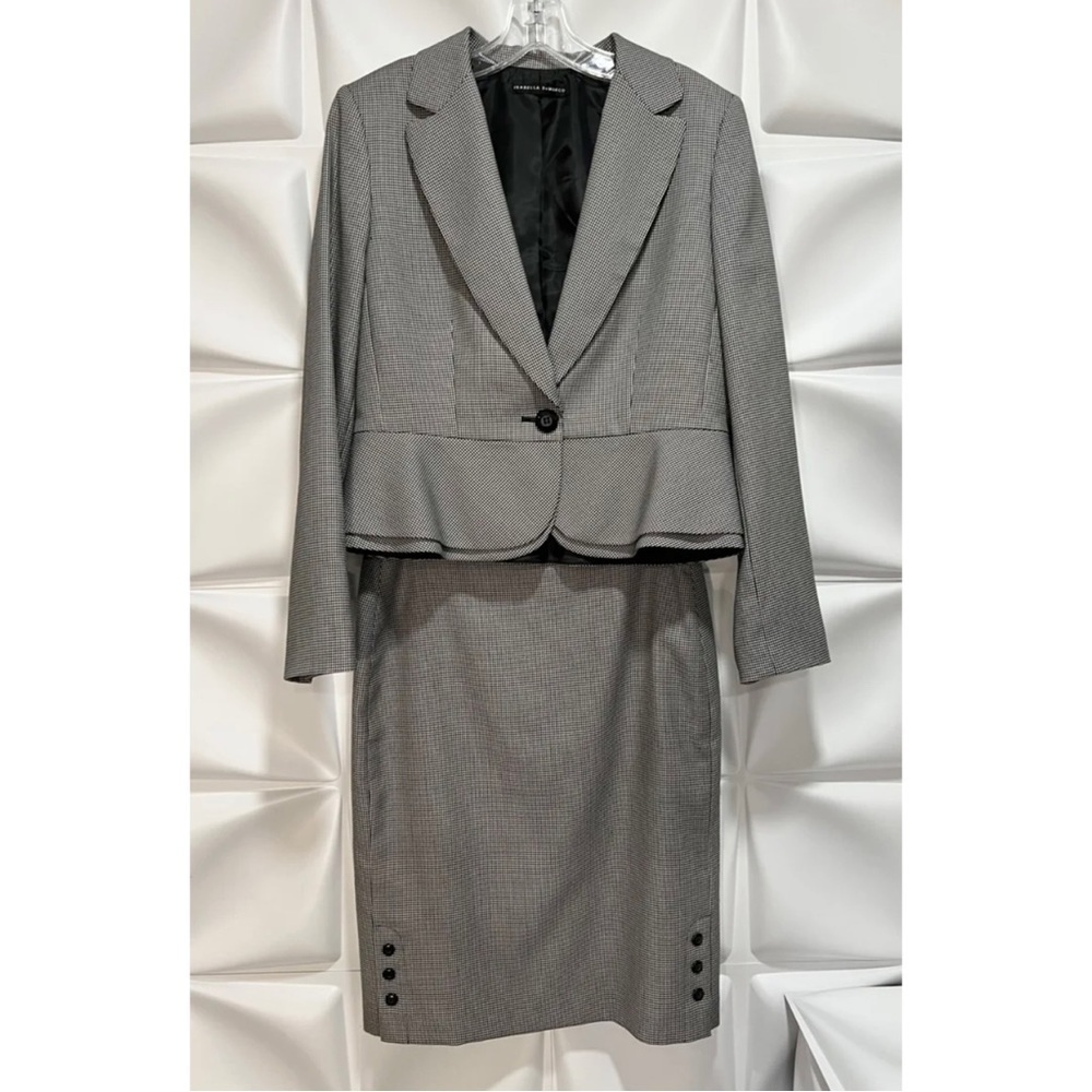 Isabella DeMarco Sz 6 Black Peplum Houndstooth Print Skirt Jacket Suit 2pc Set